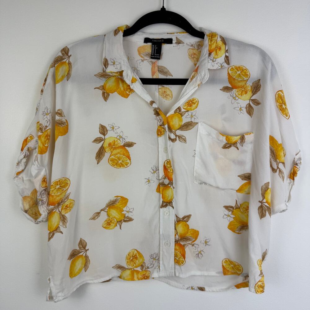 Forever 21 Womens Button-Up Short Sleeve Lemon Floral White/Yellow Top Small